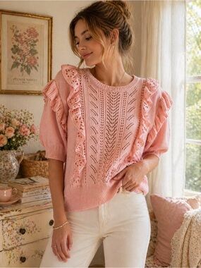 Lauren Conrad Blush Pink Ruffle Knit Sweater XXL Cottagecore Puff Sleeve NWT